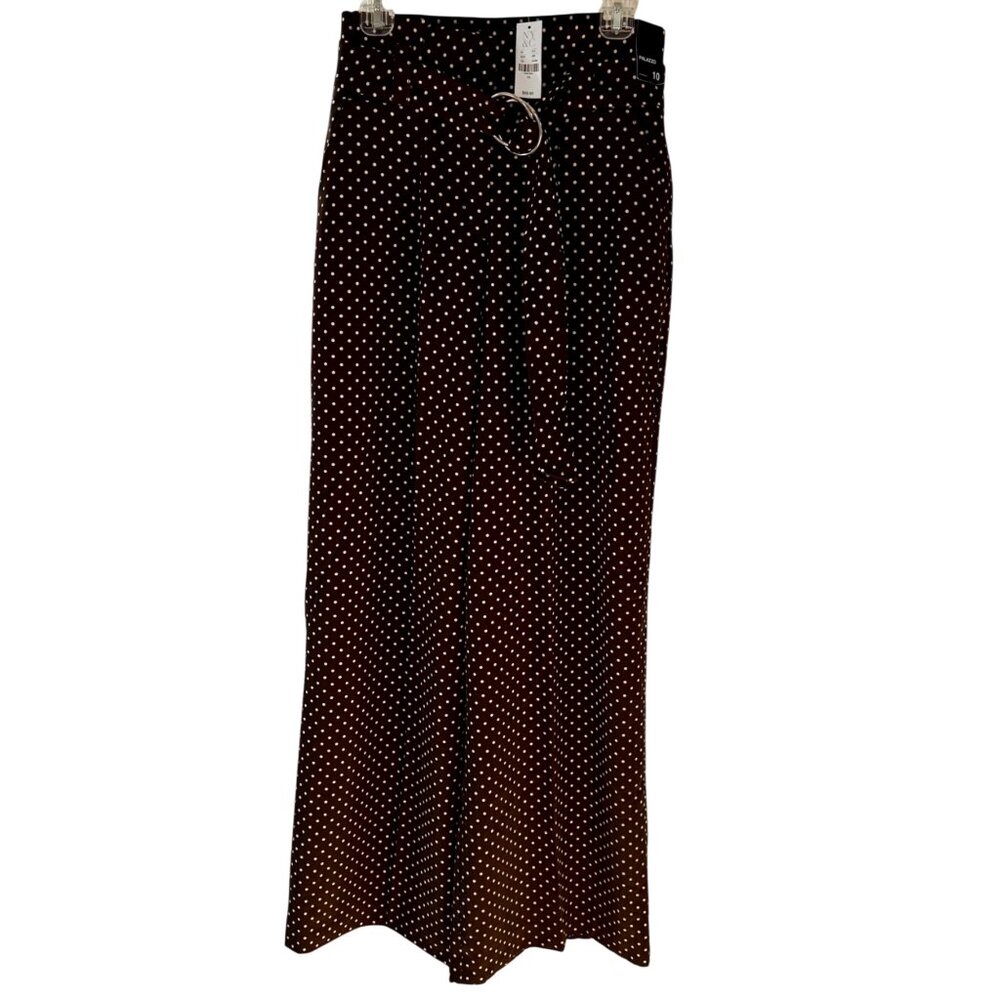 New York & Company 7th Avenue Brown Polka Dot Palazzo Pants Belt Size 10 NEW